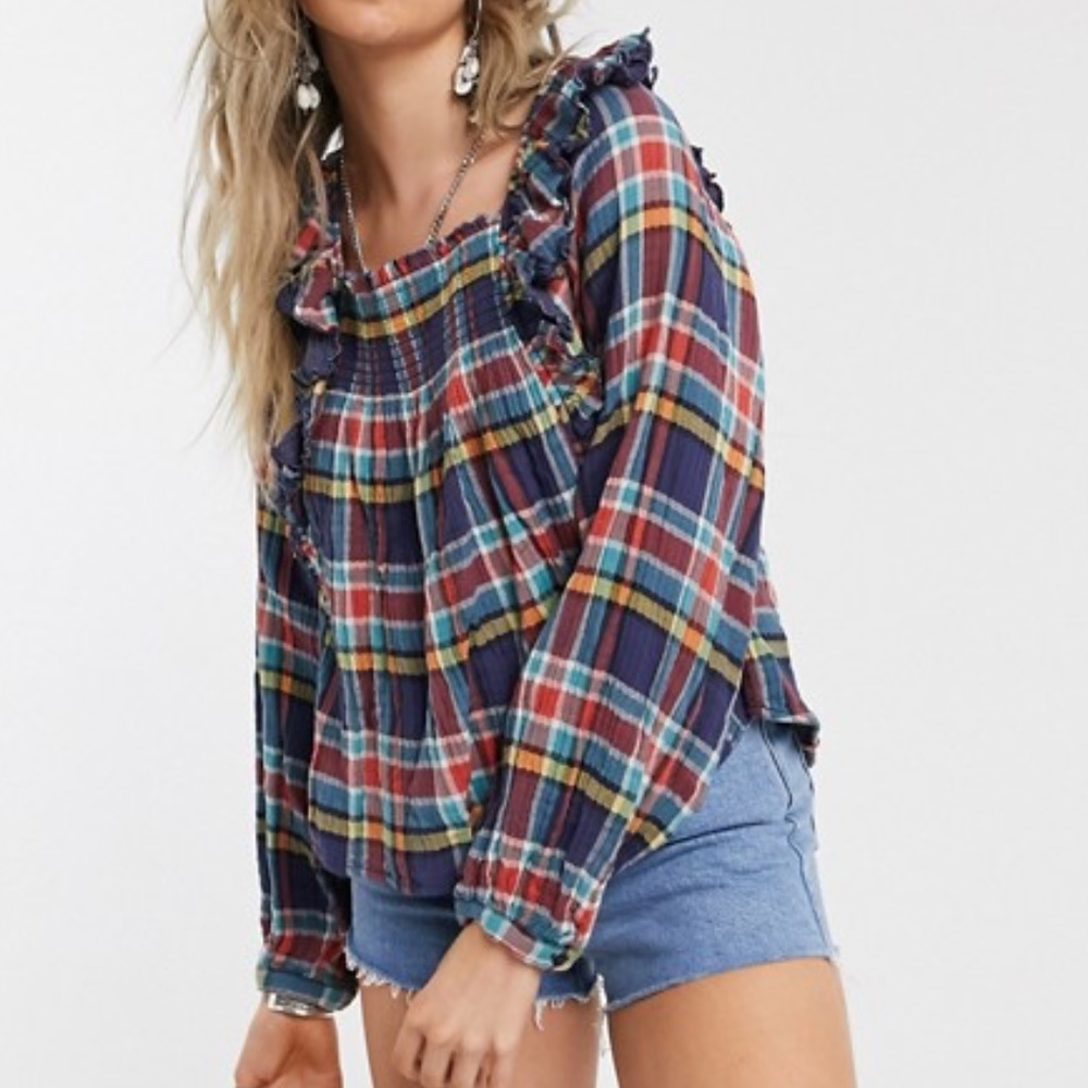 NEW Free People Siena Plaid Ruffled Pullover - Picture 3 of 12